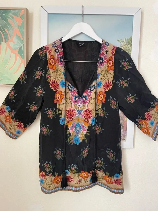 Sundance Tolani Vegan Silk Cupro Floral Embroidered Boho Blouse Top Small - Picture 5 of 10